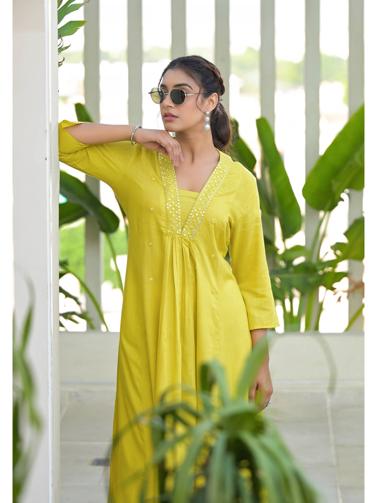 Yellow Embroidered Liva Rayon Mirror Work Kurta | KDG - view 2