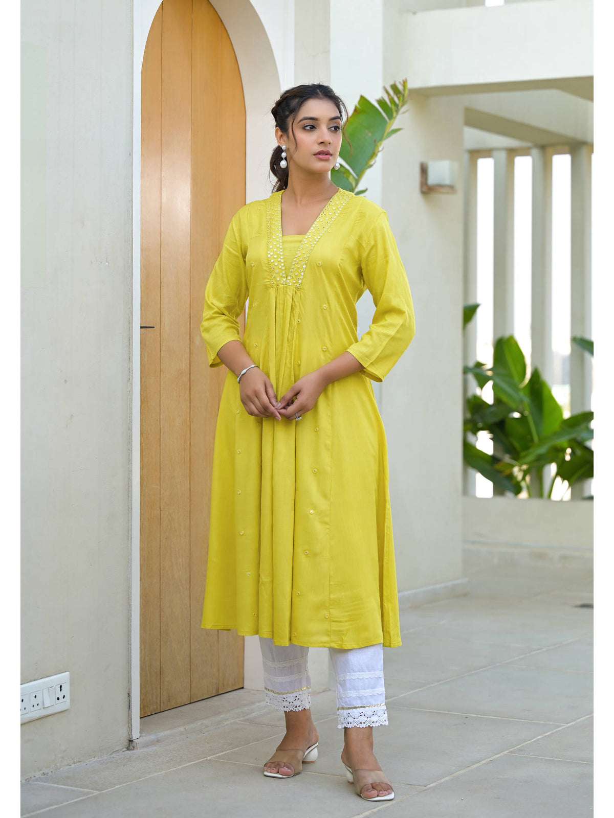 Yellow Embroidered Liva Rayon Mirror Work Kurta | FY93 - view 4