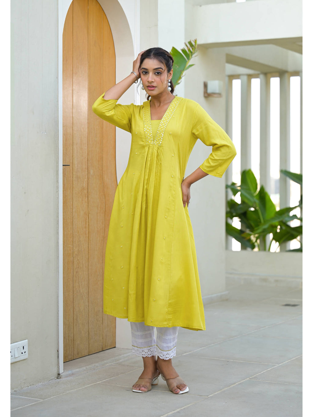 Yellow Embroidered Liva Rayon Mirror Work Kurta | KDG - view 6