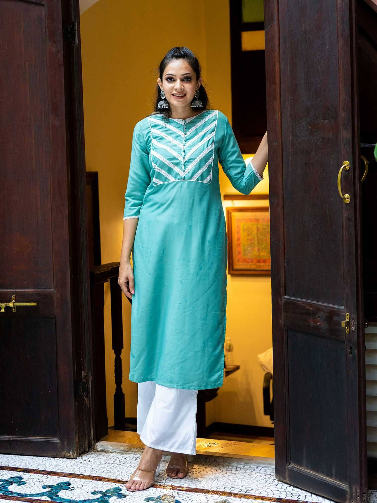 Blue Chinon Lace Work Kurta | FY93 - view 1