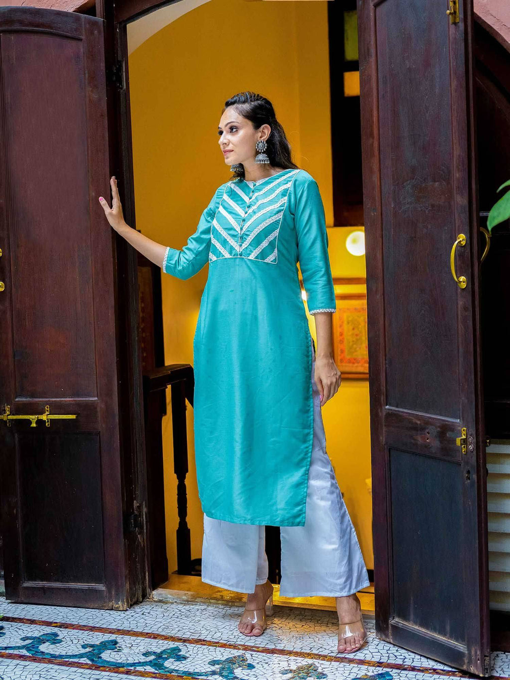 Blue Chinon Lace Work Kurta | KDG - view 2