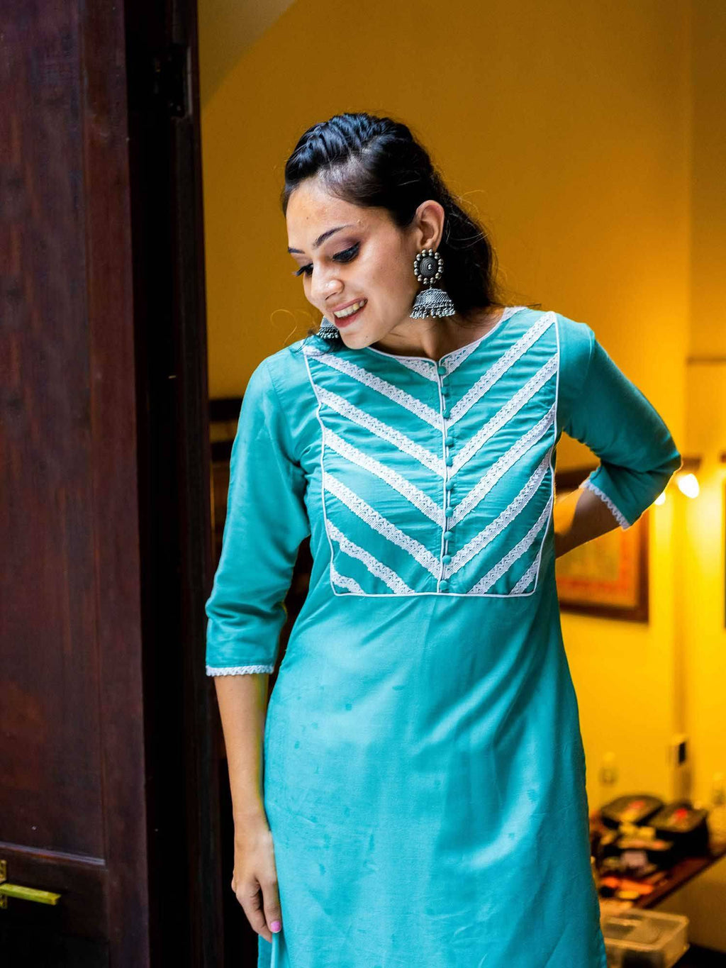 Blue Chinon Lace Work Kurta | FY93 - view 3