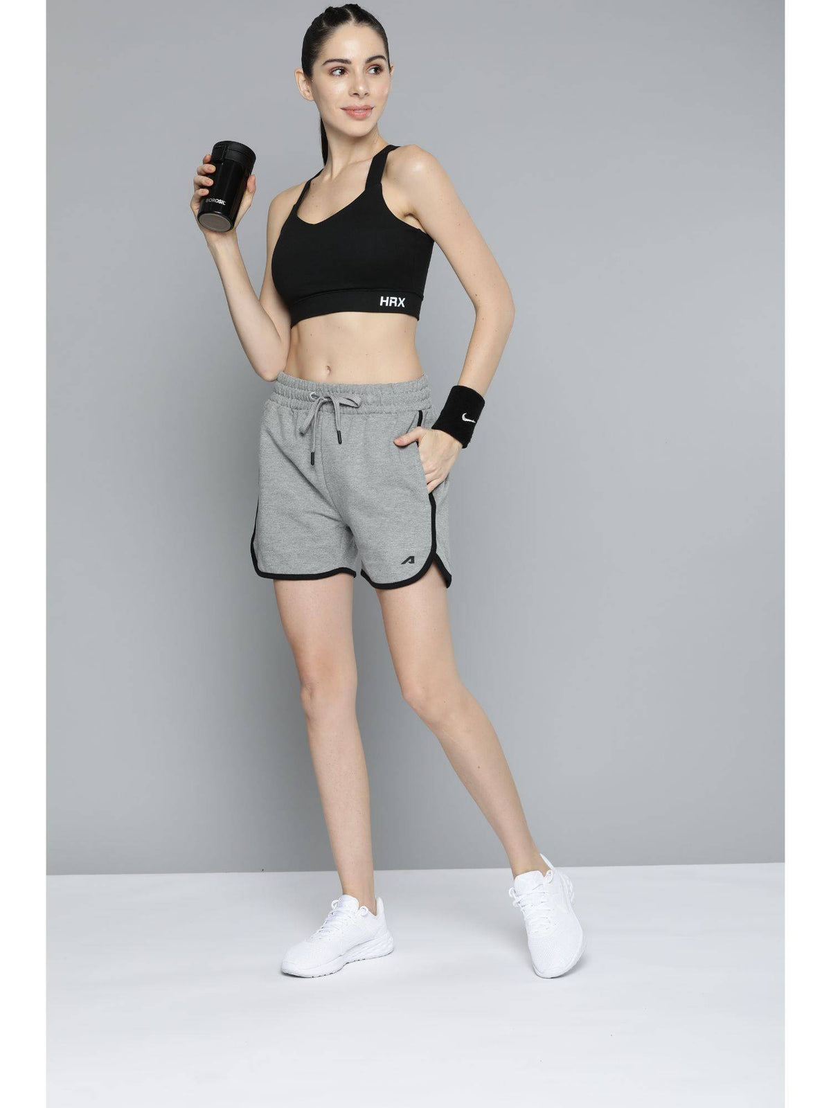 Women Grey Melange Solid Knitted Slim Fit Running Sports Shorts - view 3