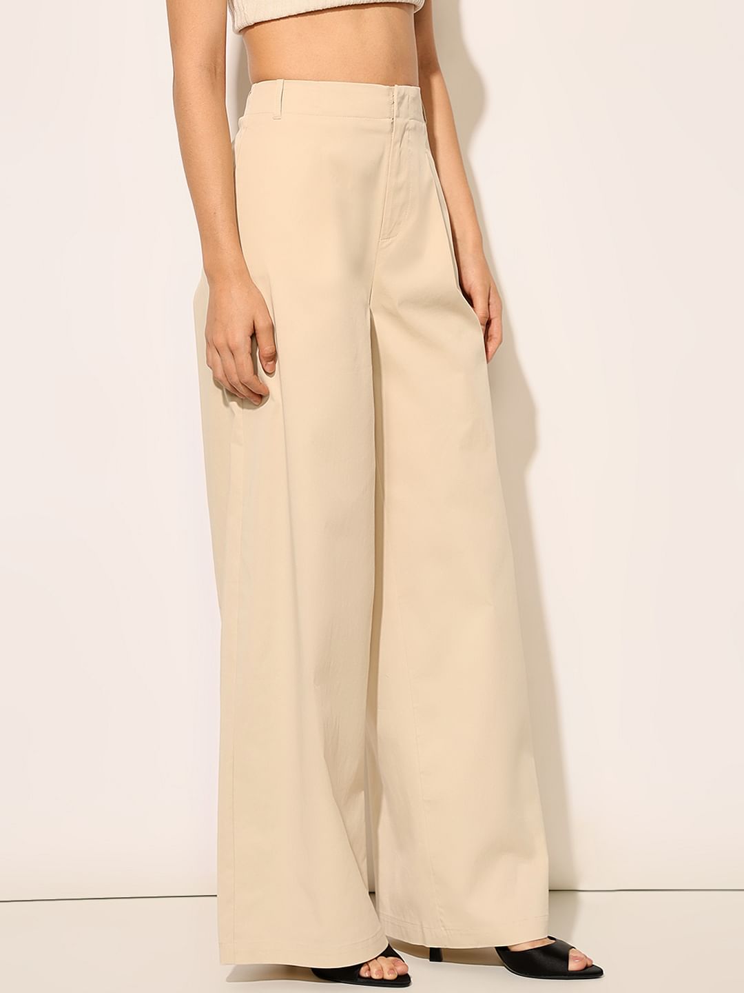 Beige High Rise Wide Leg Pants