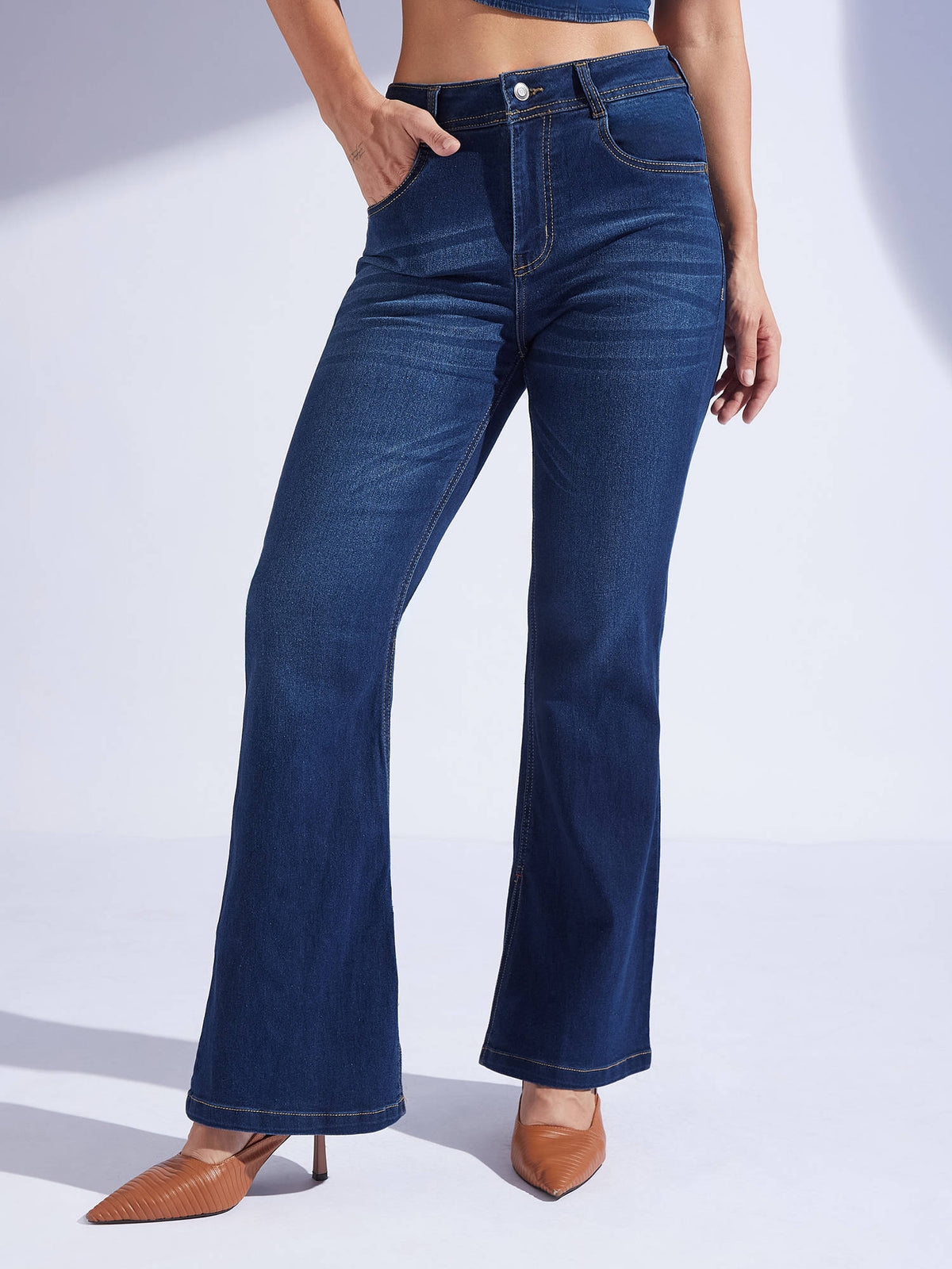 Womens Blue Bootcut Mid Rise Regular Length Denim Stretchable Jeans | BT10 - view 1