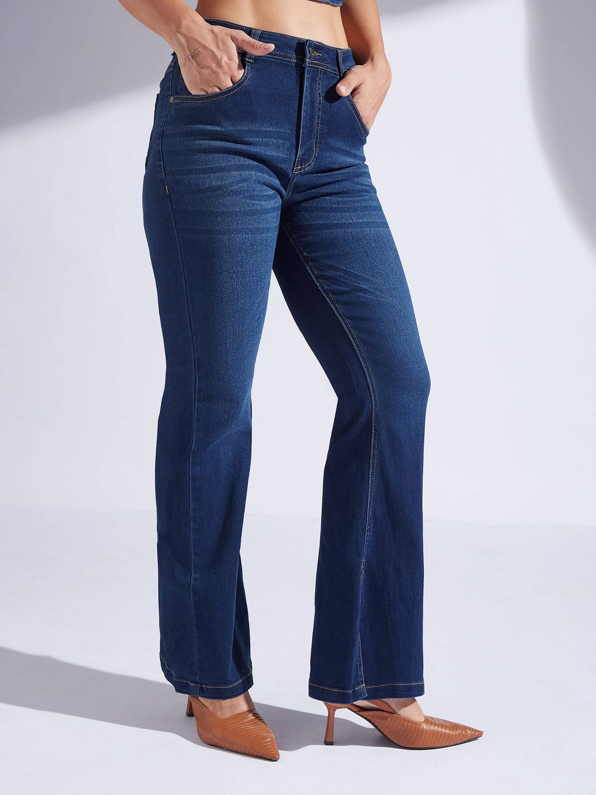 Womens Blue Bootcut Mid Rise Regular Length Denim Stretchable Jeans | BT10 - view 3