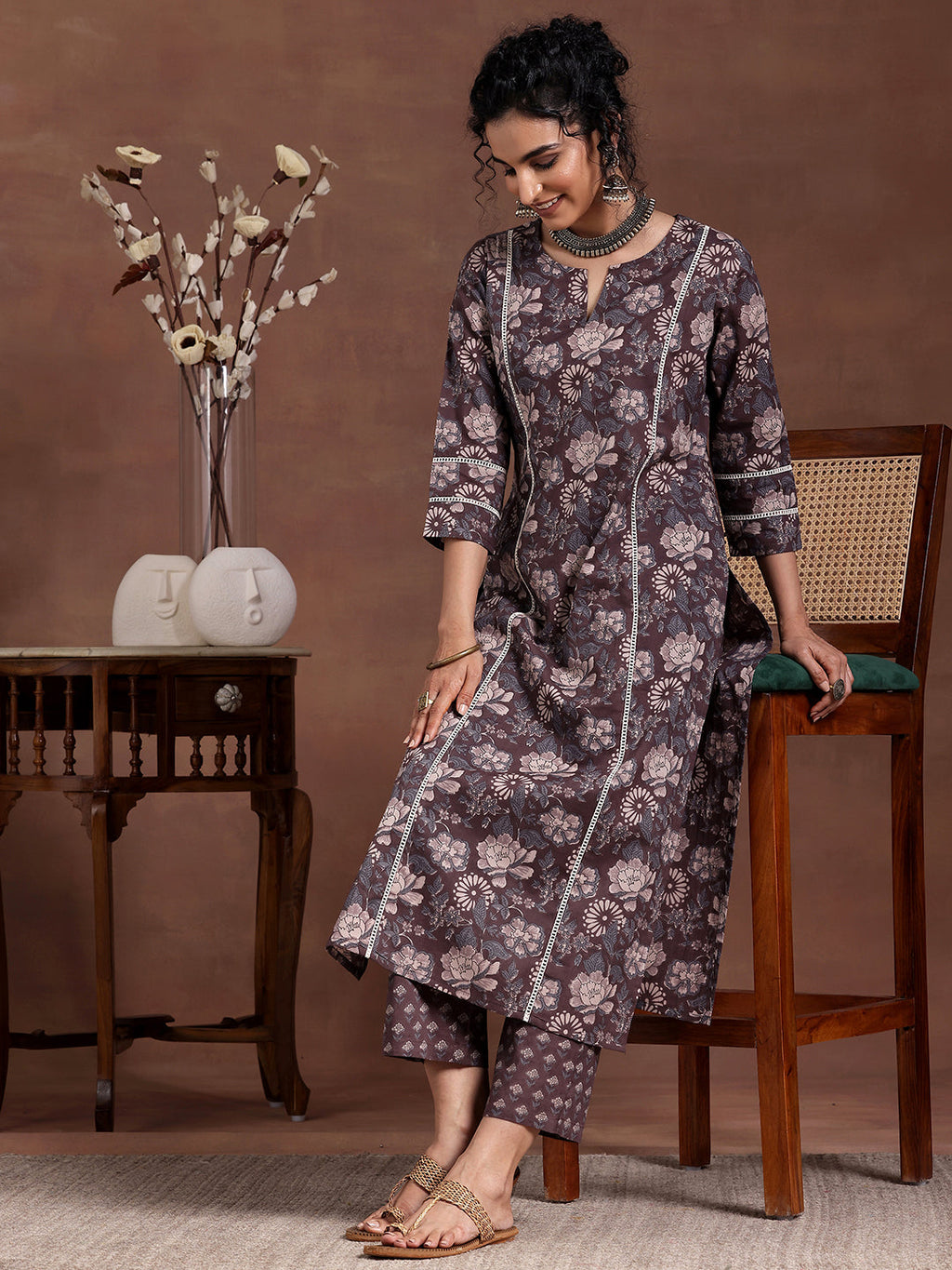 Gerua Brown Printed Cotton Blend Straight Kurta Set