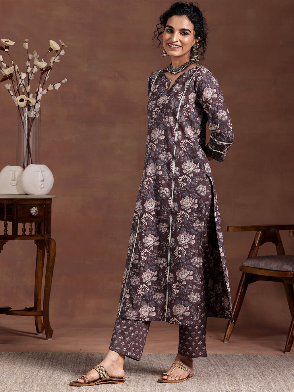 Gerua Brown Printed Cotton Blend Straight Kurta Set