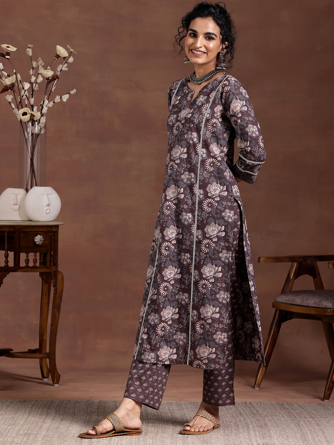 Gerua Brown Printed Cotton Blend Straight Kurta Set