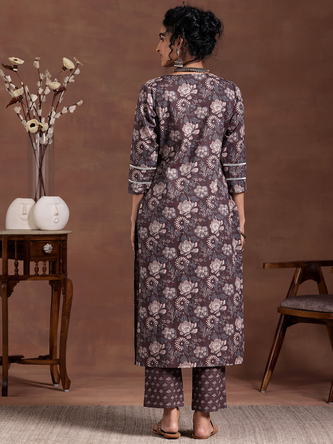 Gerua Brown Printed Cotton Blend Straight Kurta Set
