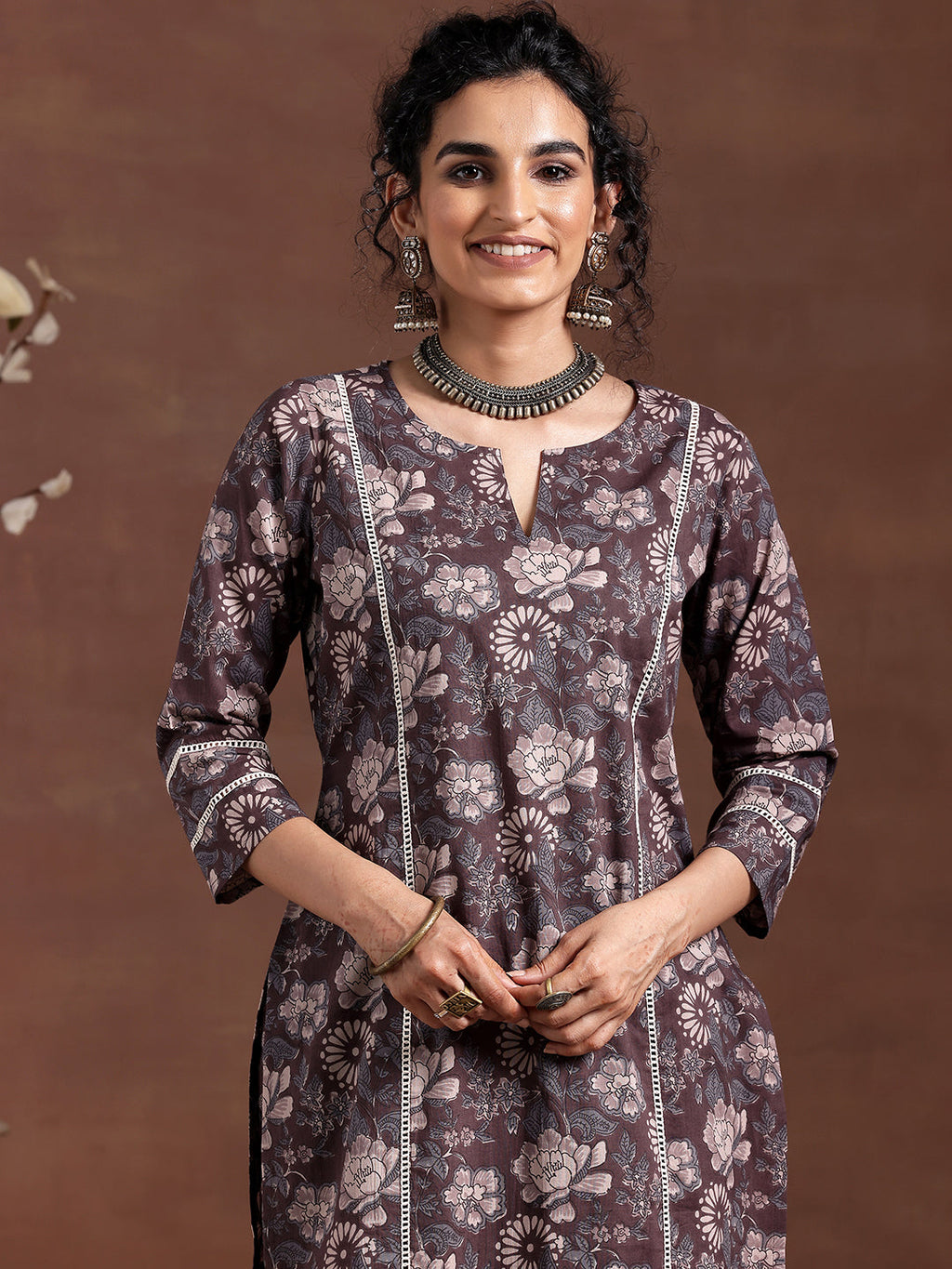 Gerua Brown Printed Cotton Blend Straight Kurta Set