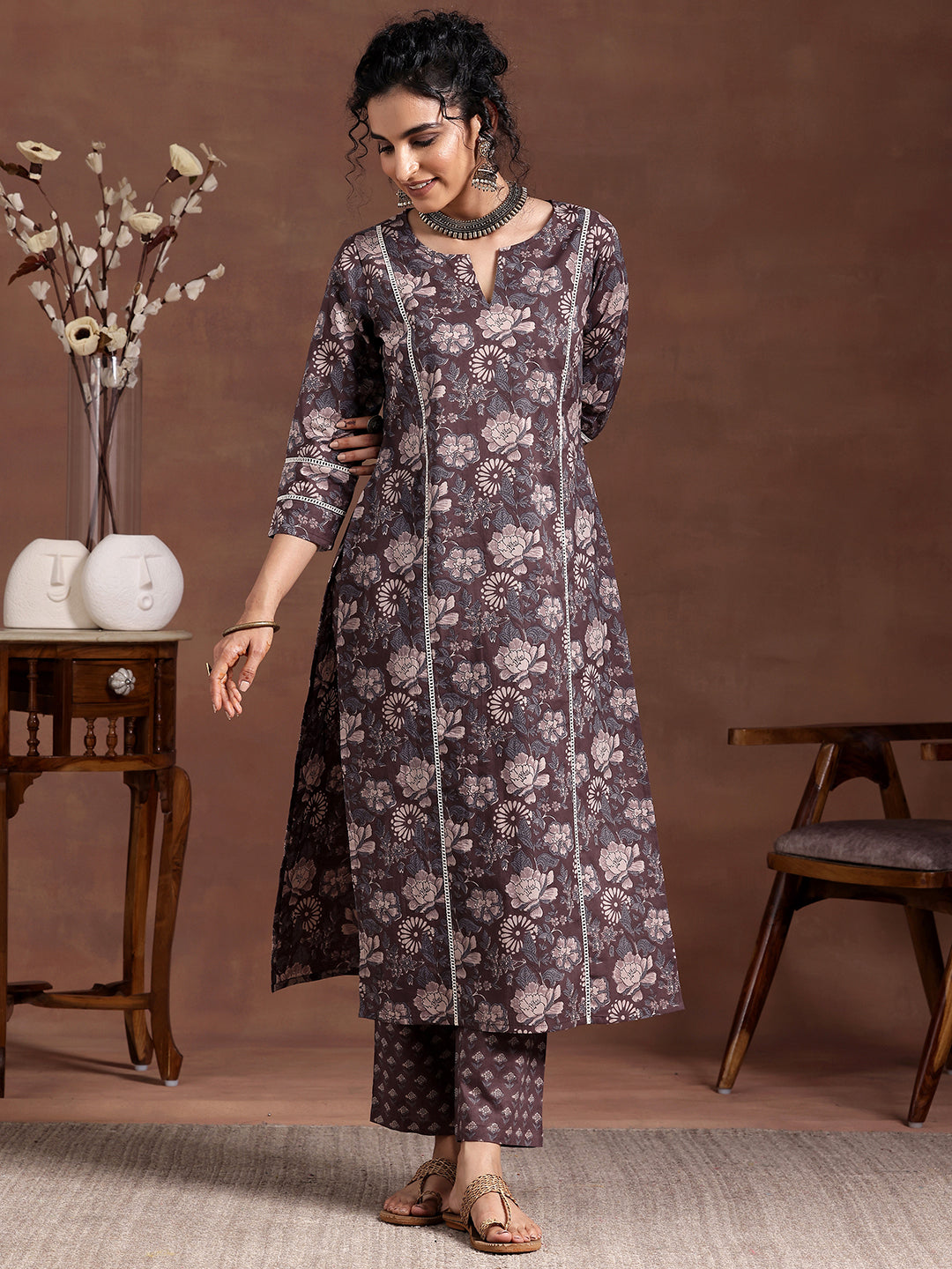 Gerua Brown Printed Cotton Blend Straight Kurta Set