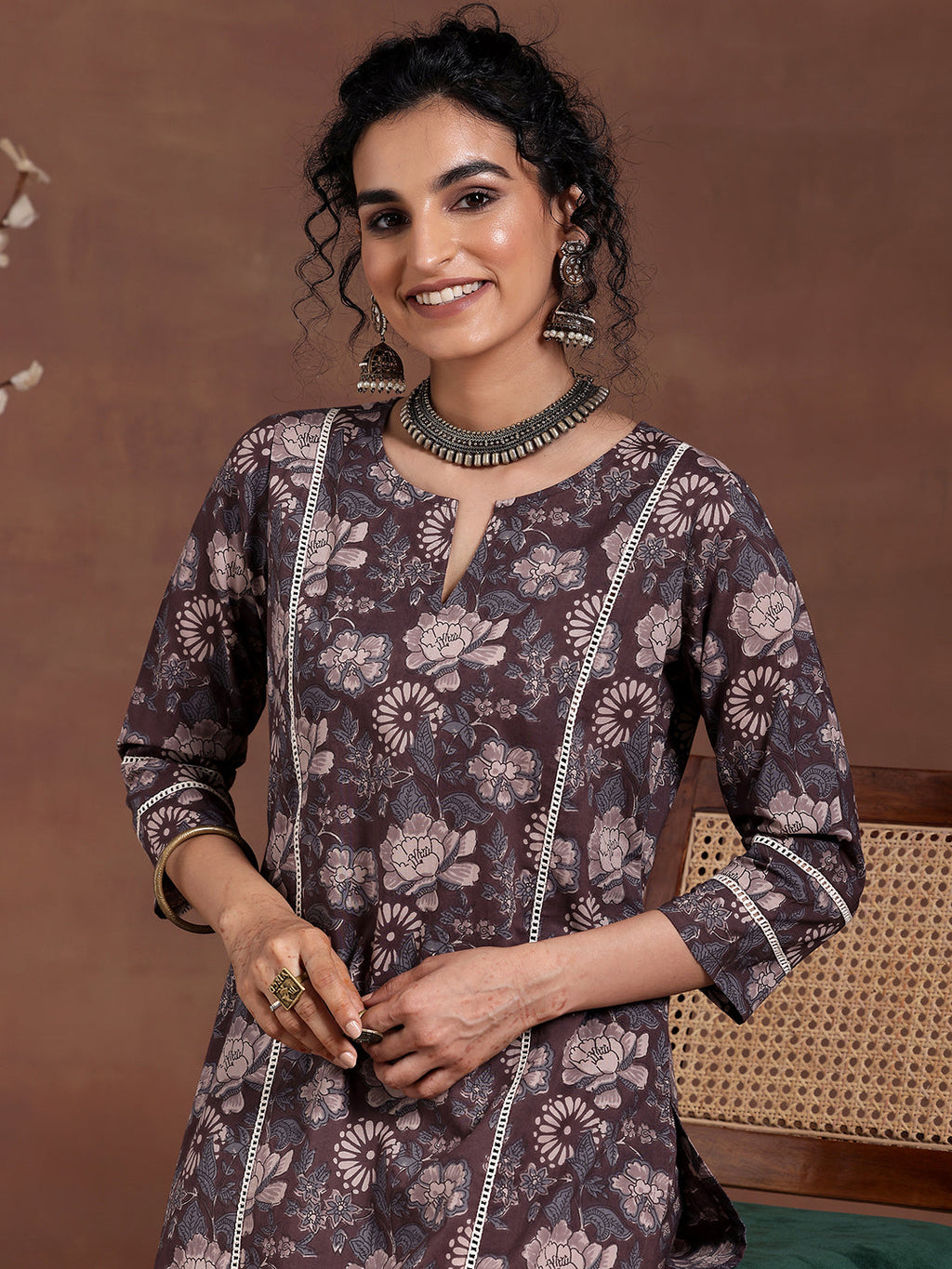 Gerua Brown Printed Cotton Blend Straight Kurta Set