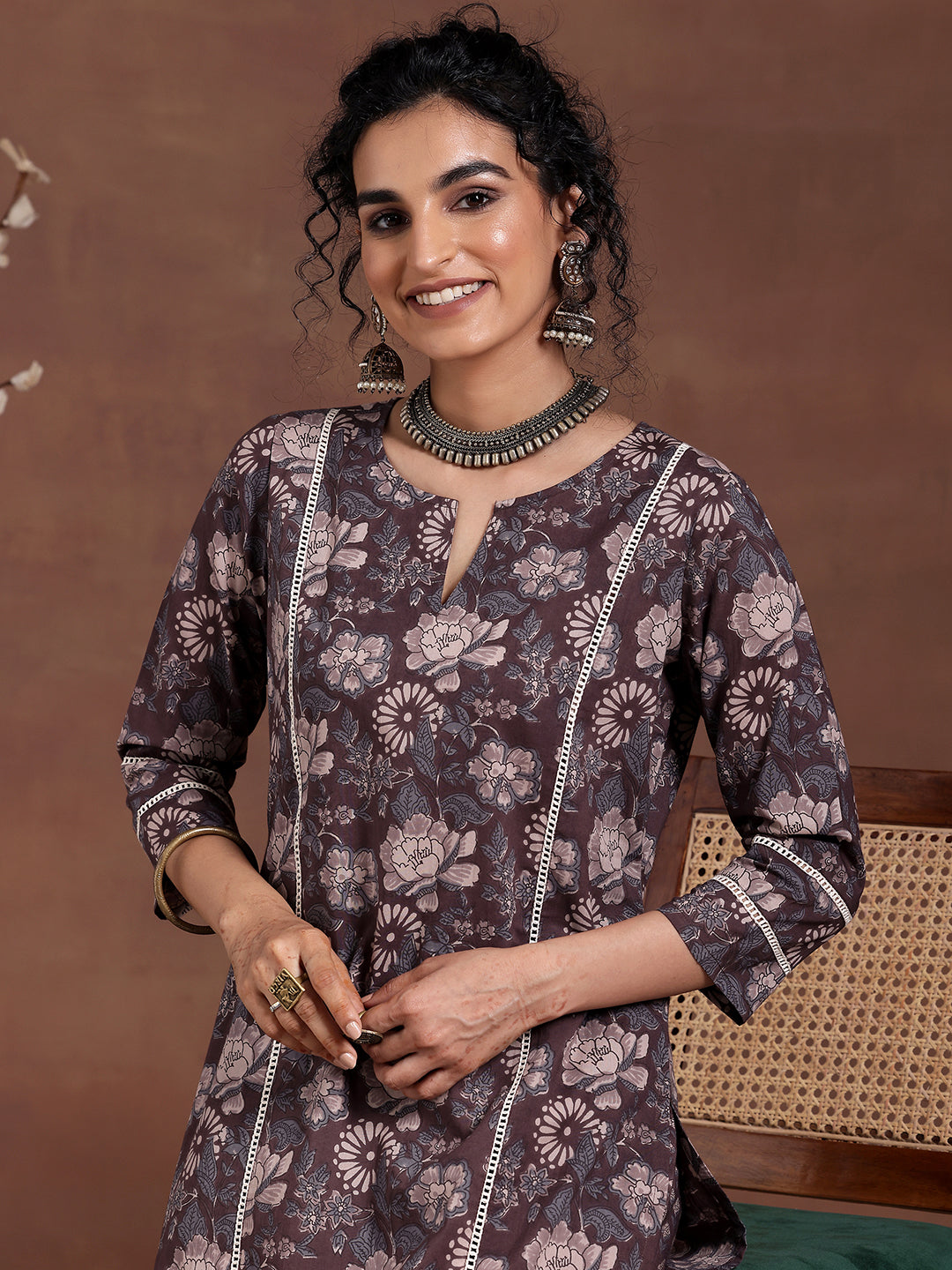 Gerua Brown Printed Cotton Blend Straight Kurta Set