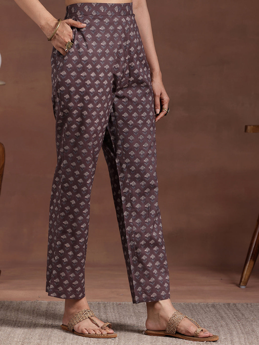 Gerua Brown Printed Cotton Blend Straight Kurta Set