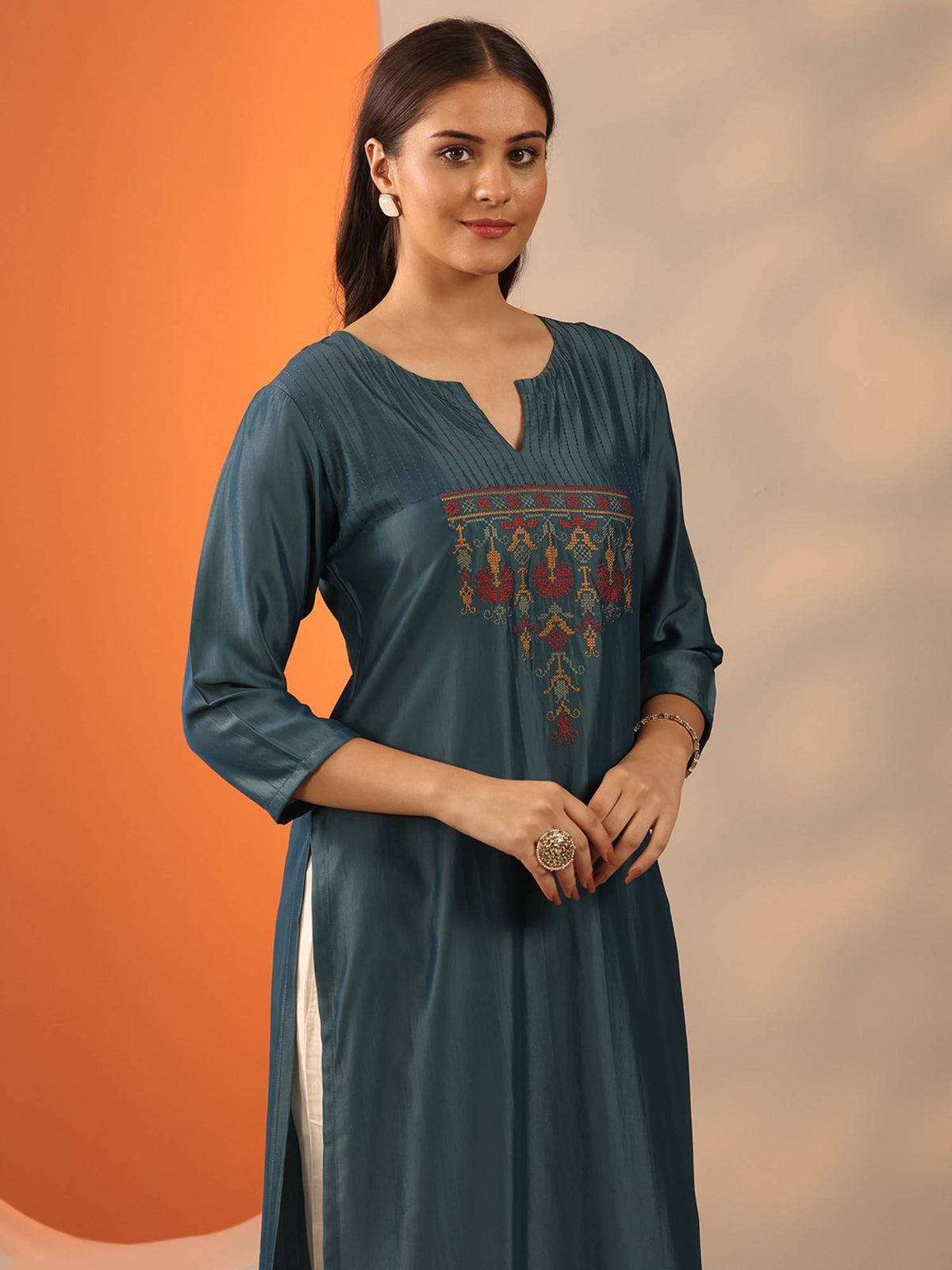 Grey Embroidered Straight Kurta | U3S - view 4