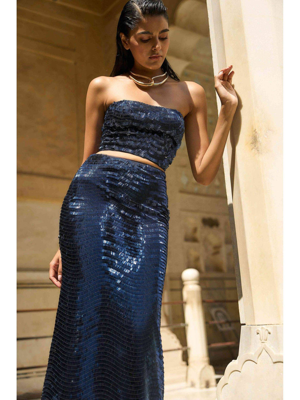 Navy Blue Sequin Bandeau Bralette Top | TT90 - view 1
