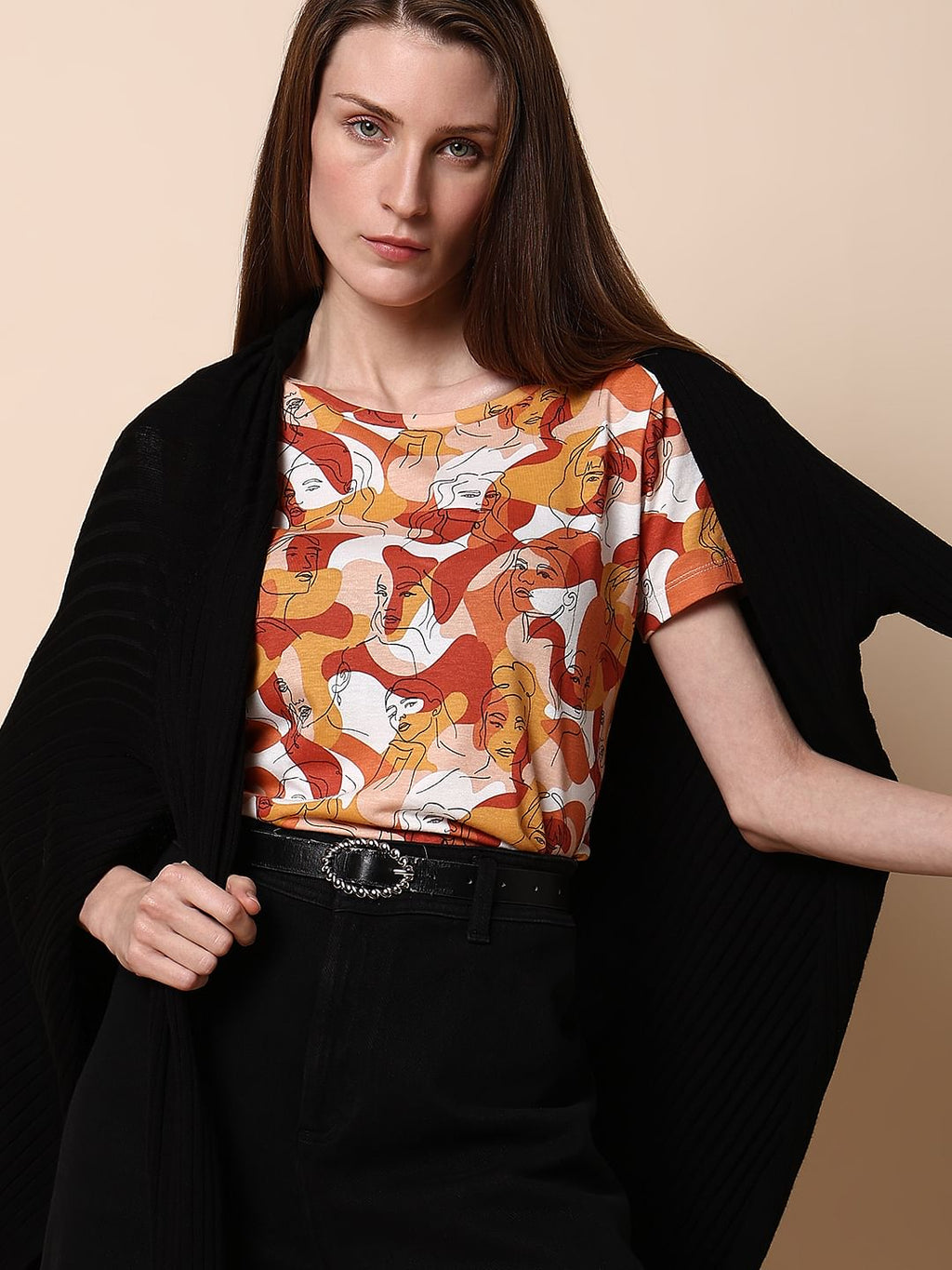 Rust Abstract Face Print T-Shirt