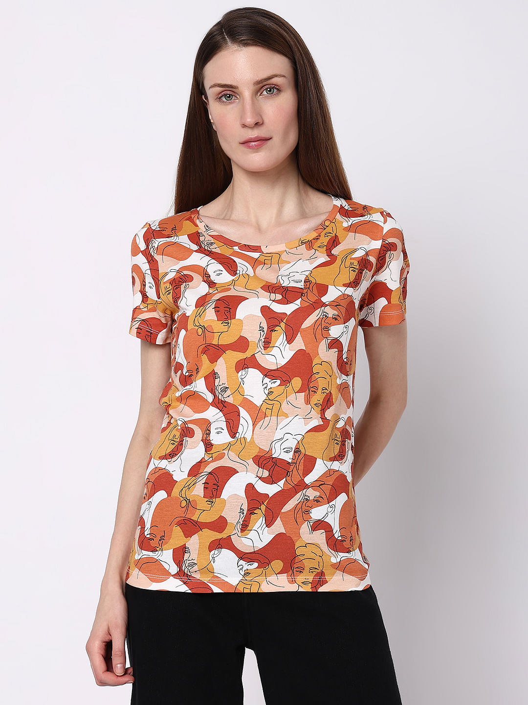 Rust Abstract Face Print T-Shirt