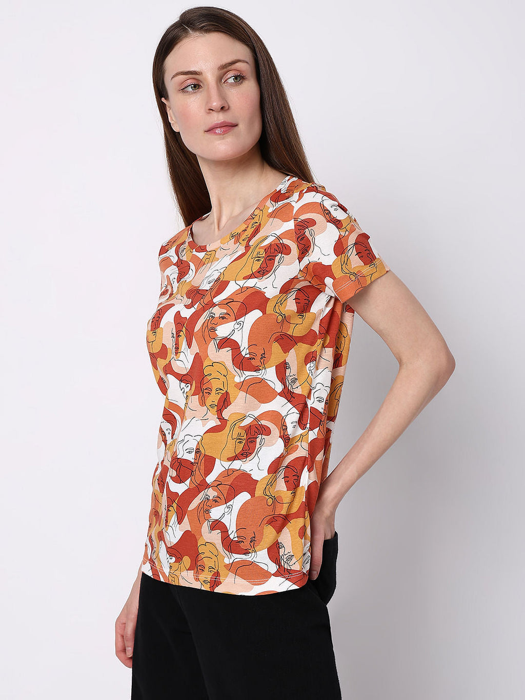 Rust Abstract Face Print T-Shirt