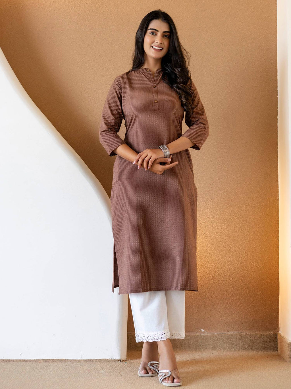 Brown Stripes Thread Work Kurta | KDG - view 1