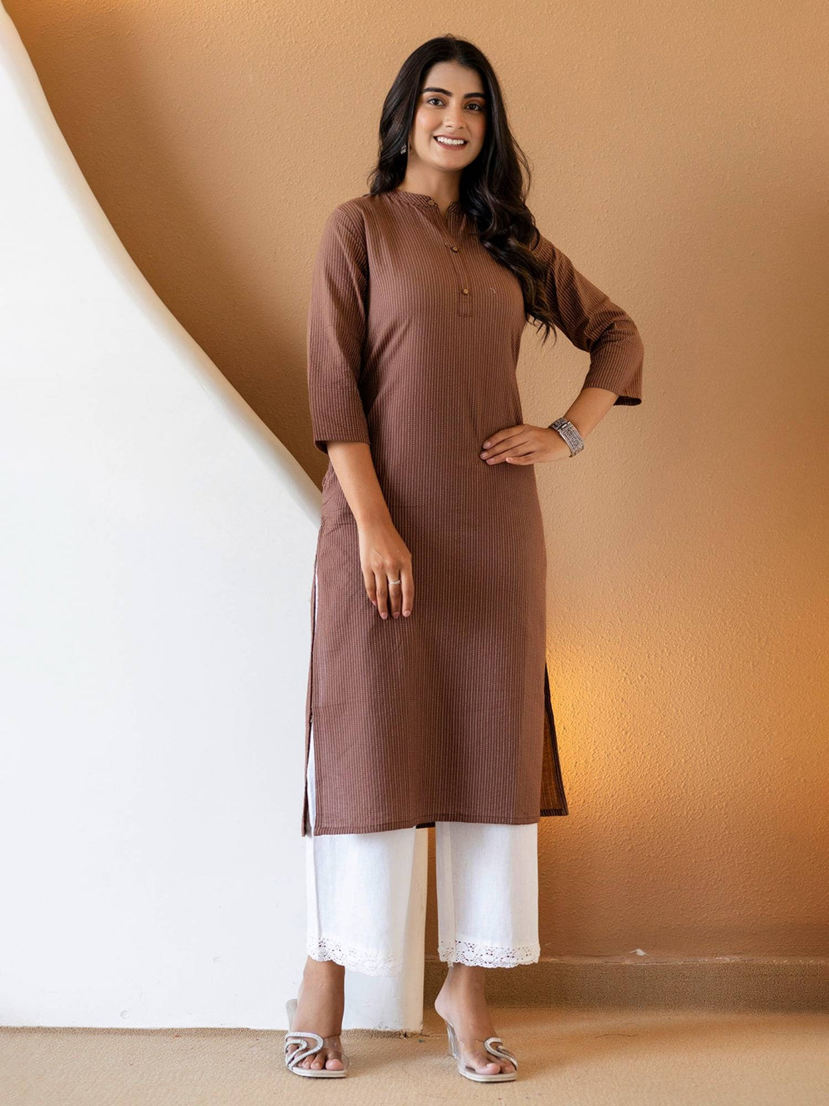 Brown Stripes Thread Work Kurta | KDG - view 3
