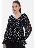 Printed Viscose Ruffled Peplum Black Top | pt51 - view 1