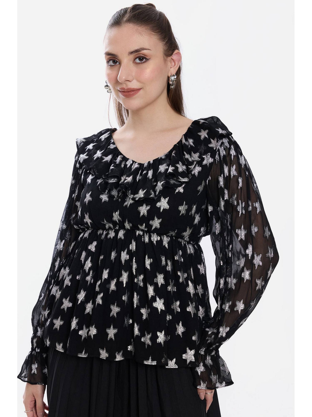 Printed Viscose Ruffled Peplum Black Top | pt51 - view 1