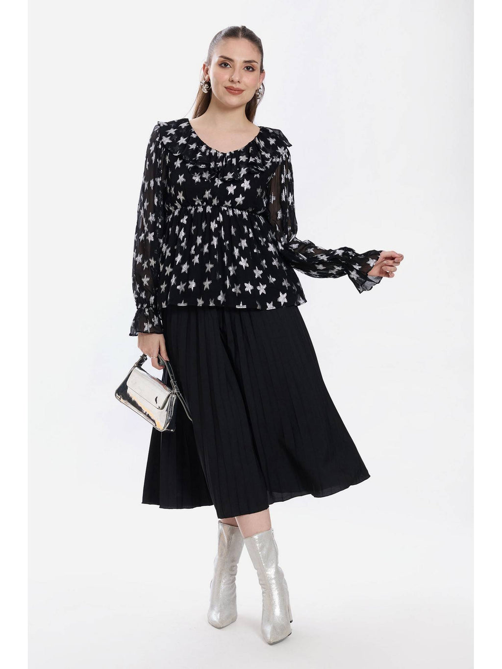 Printed Viscose Ruffled Peplum Black Top | pt51 - view 2