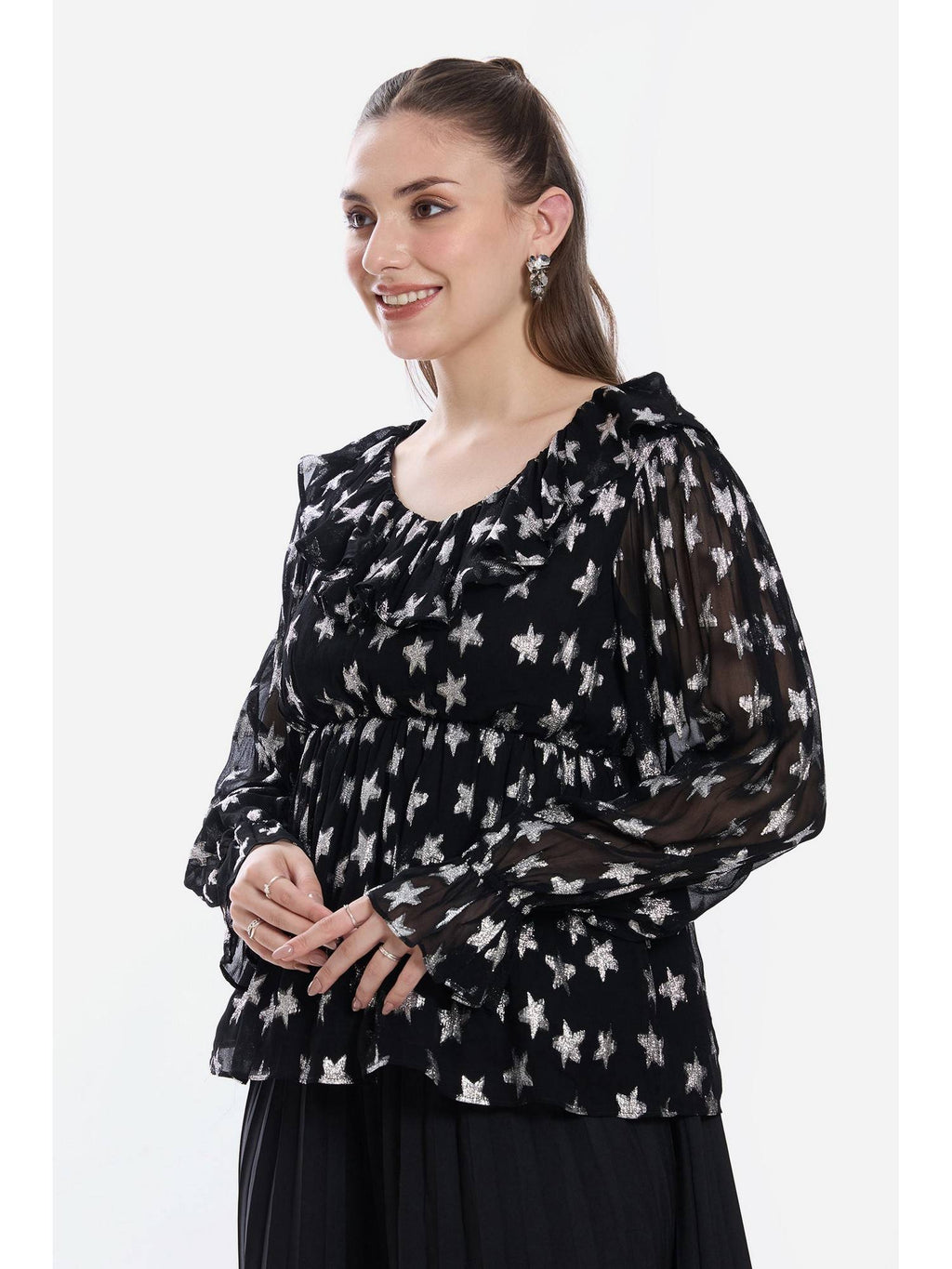 Printed Viscose Ruffled Peplum Black Top | pt51 - view 3