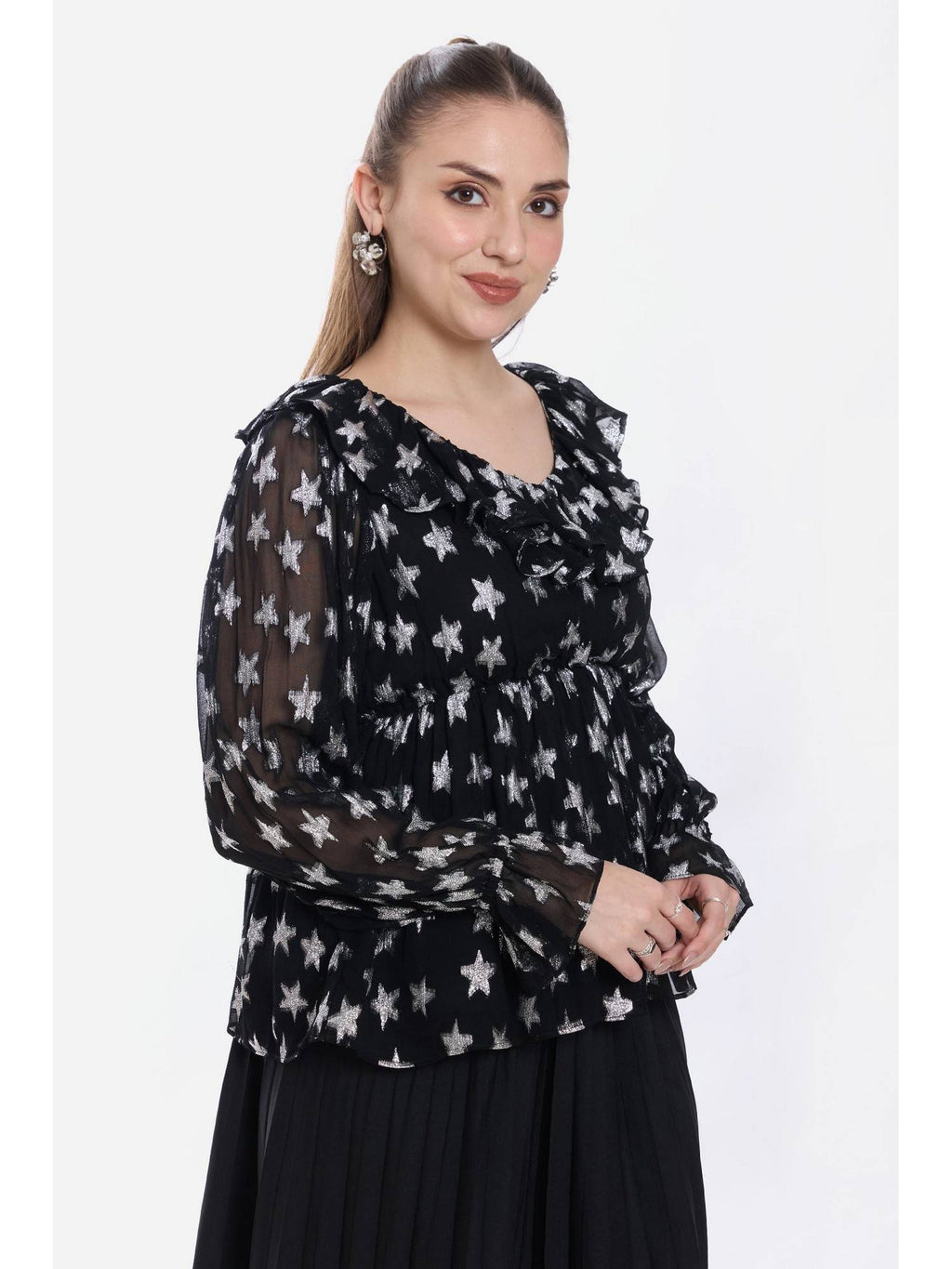 Printed Viscose Ruffled Peplum Black Top | pt51 - view 4