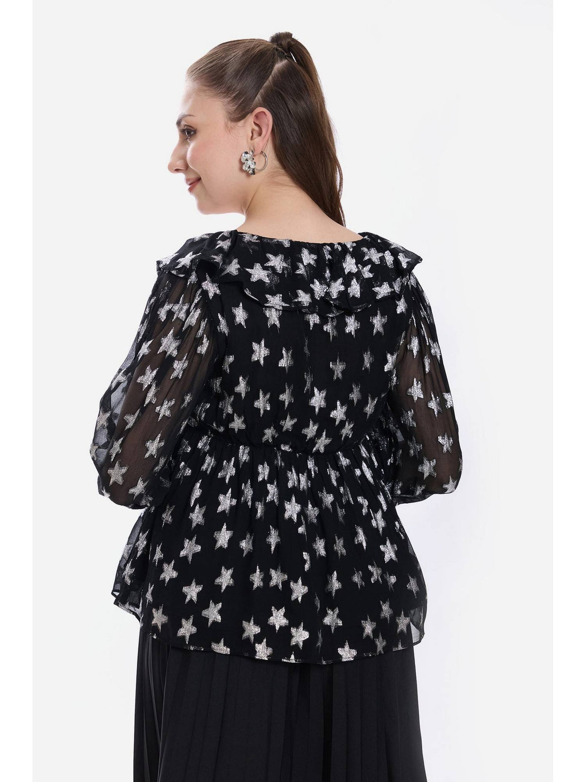 Printed Viscose Ruffled Peplum Black Top | pt51 - view 5