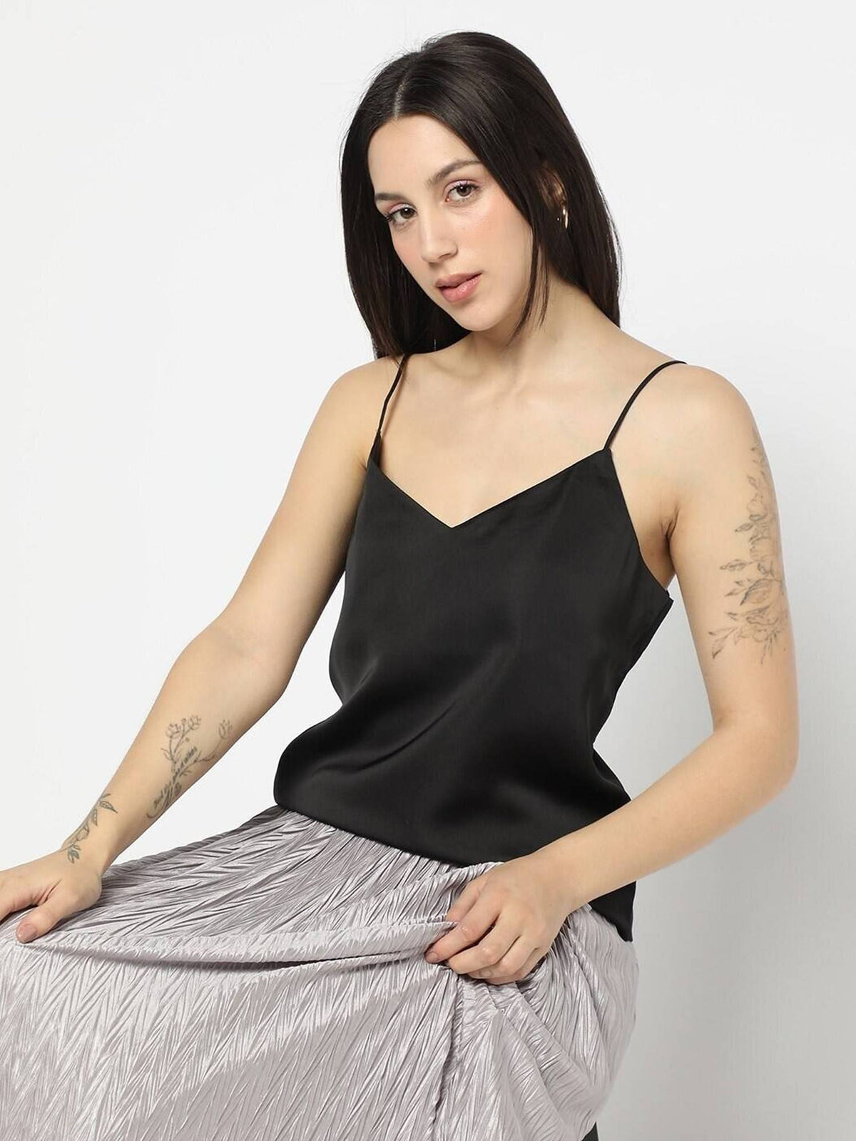 Women's Black V-Neck Shoulder-Straps Cami Top | TT98 - view 5