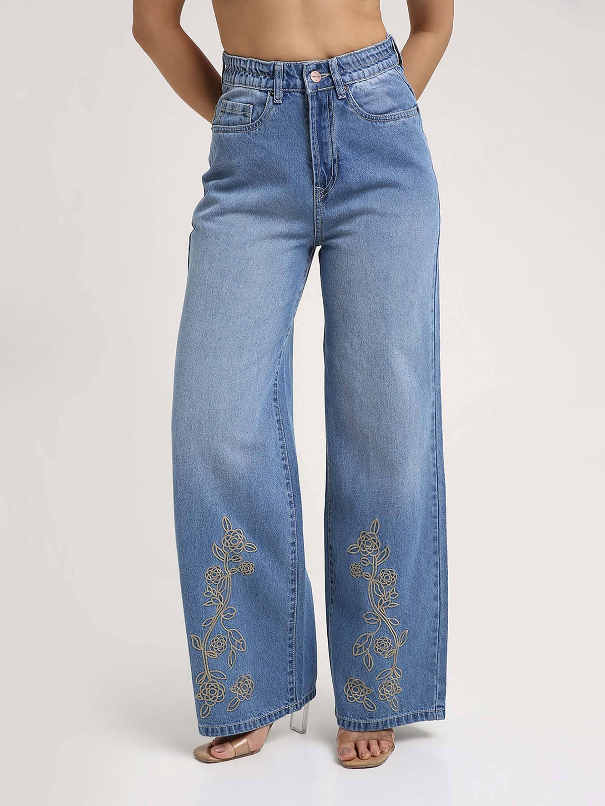 Women Light Blue Floral Embroidered Wide Leg Jeans | WL90 - view 1