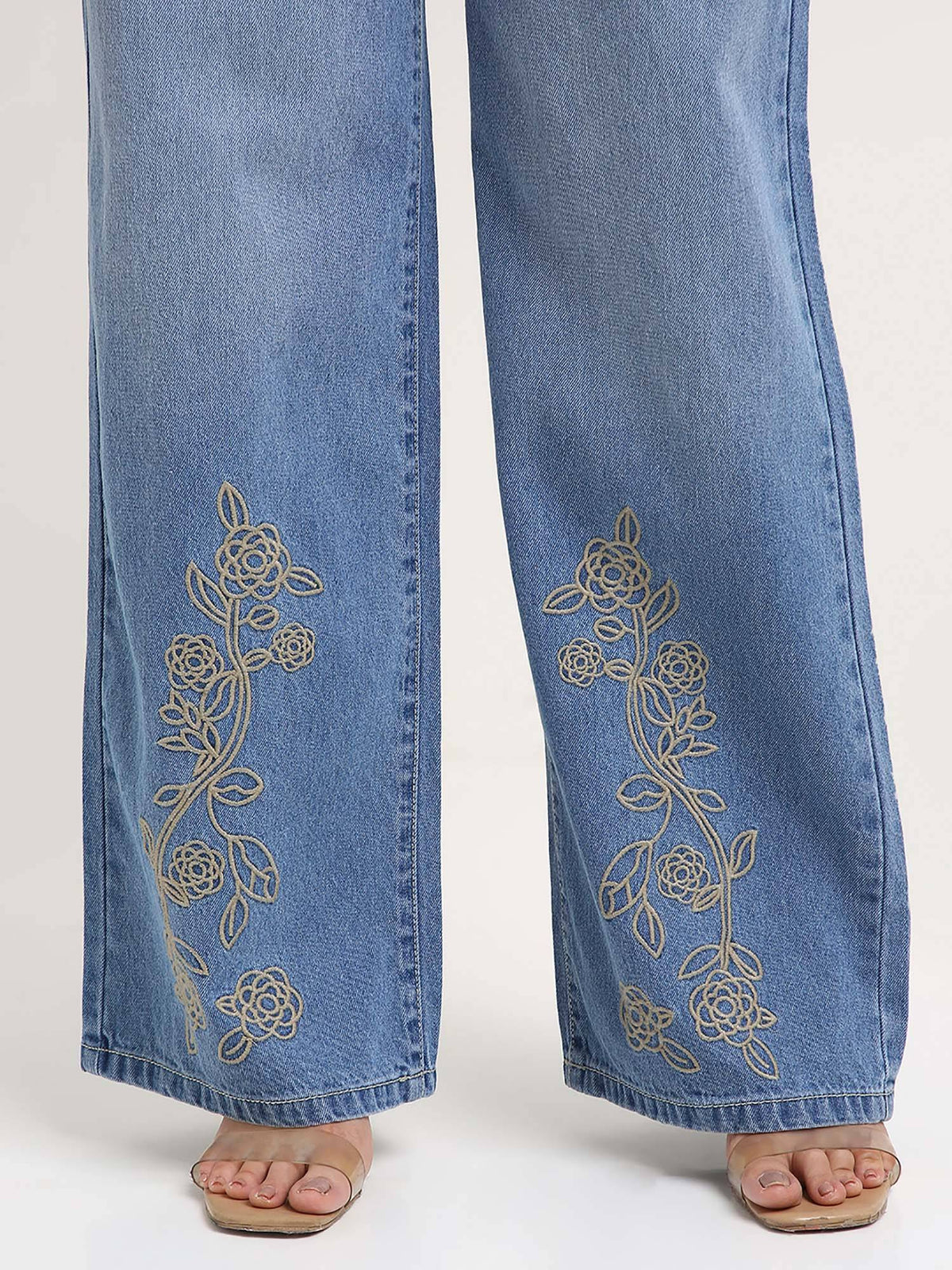 Women Light Blue Floral Embroidered Wide Leg Jeans | WL90 - view 3