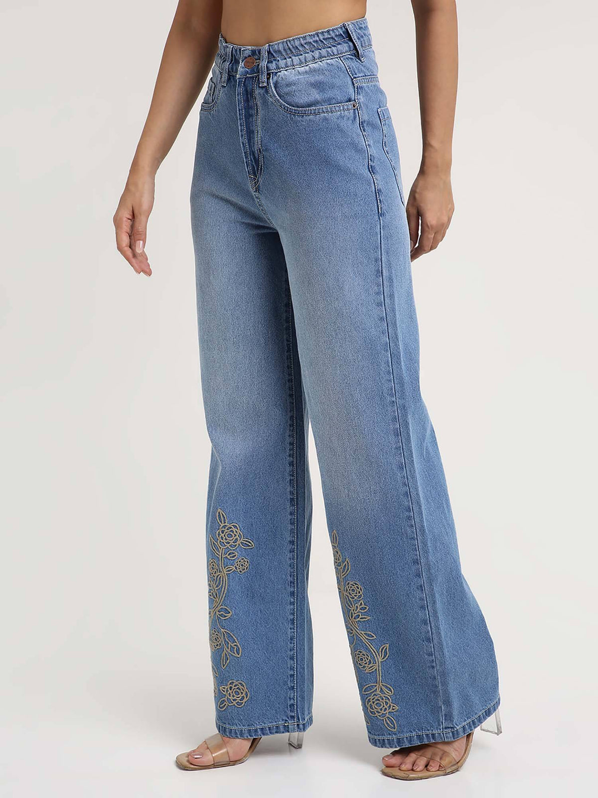 Women Light Blue Floral Embroidered Wide Leg Jeans | WL90 - view 4
