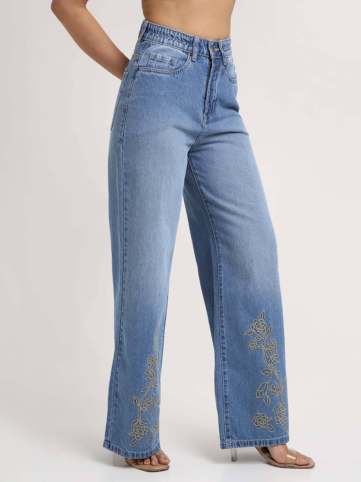 Women Light Blue Floral Embroidered Wide Leg Jeans | WL90 - view 5