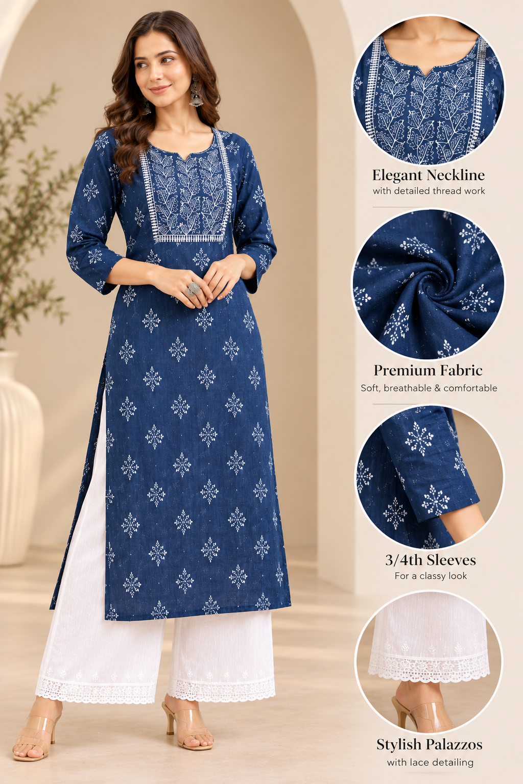 Navy Blue Printed Kurta with White Lace-Trim Palazzo