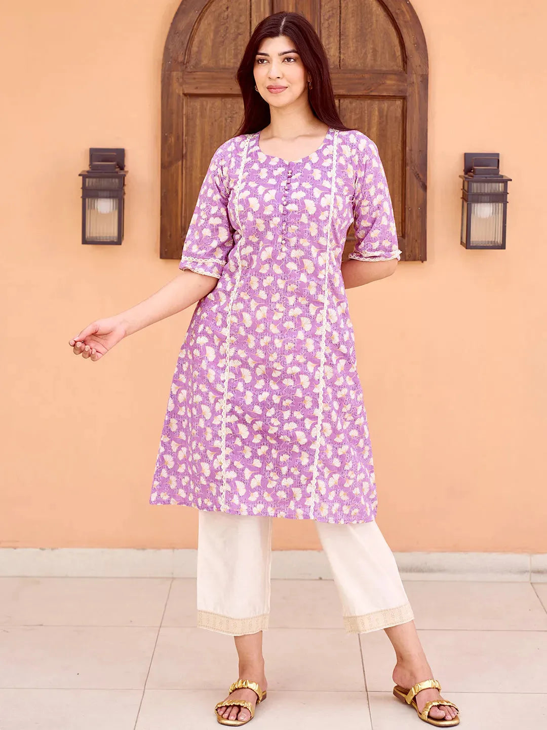 Libas Purple Printed Cotton A-Line Kurta