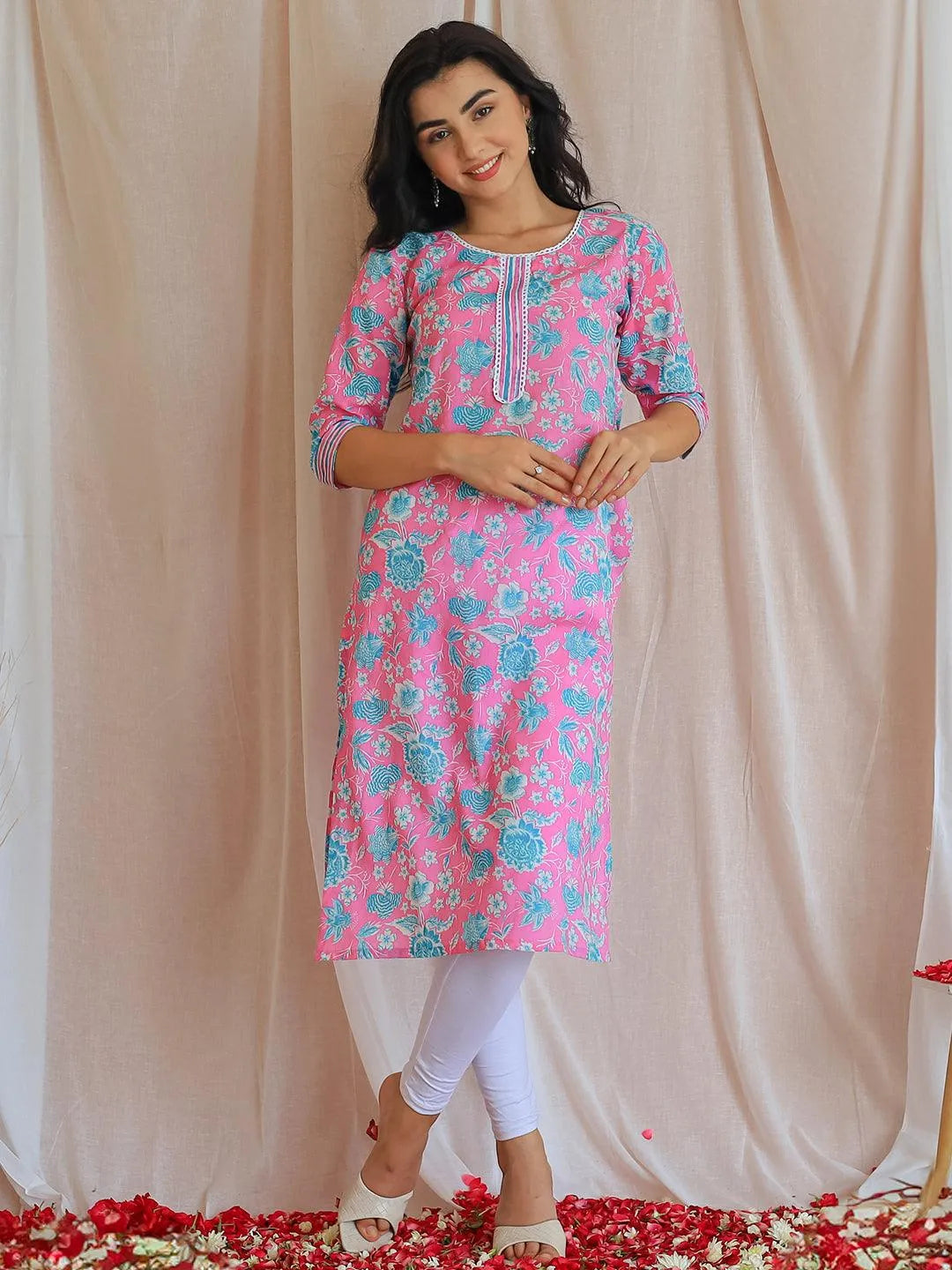 Libas Pink Printed Cotton Straight Kurta