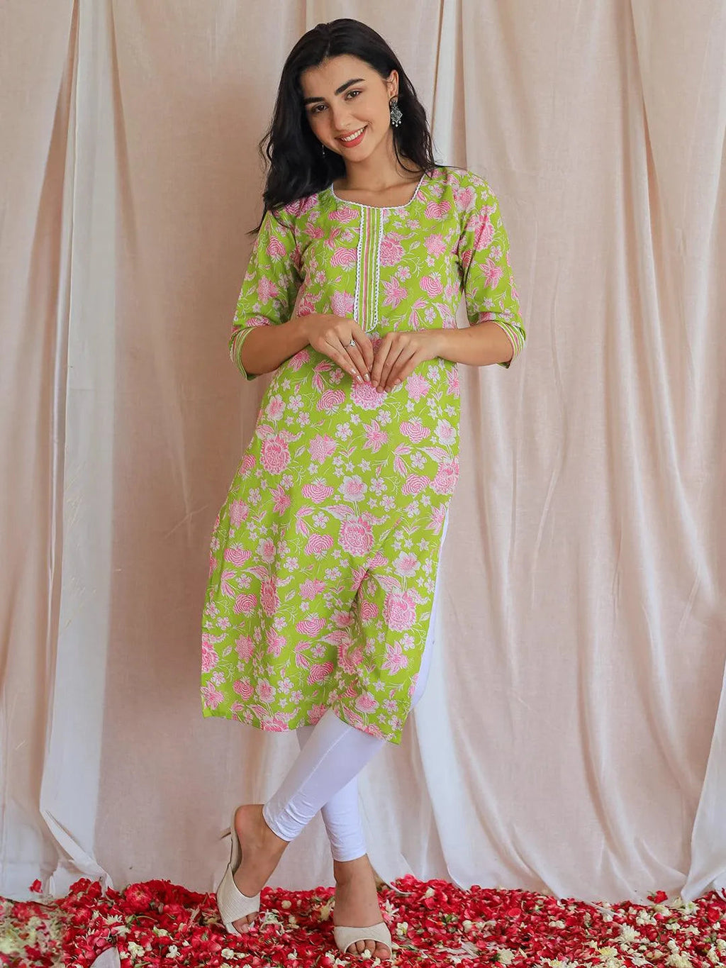 Libas Green Printed Cotton Straight Kurta