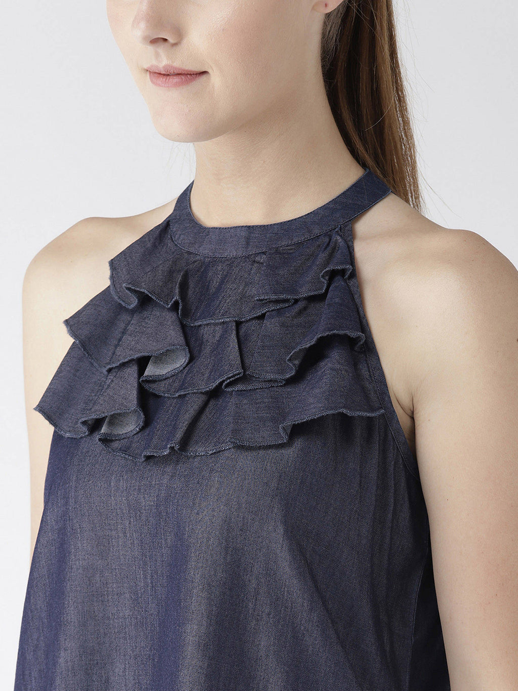Women Navy Blue Solid Denim Pure Cotton Top | HT67 - view 2