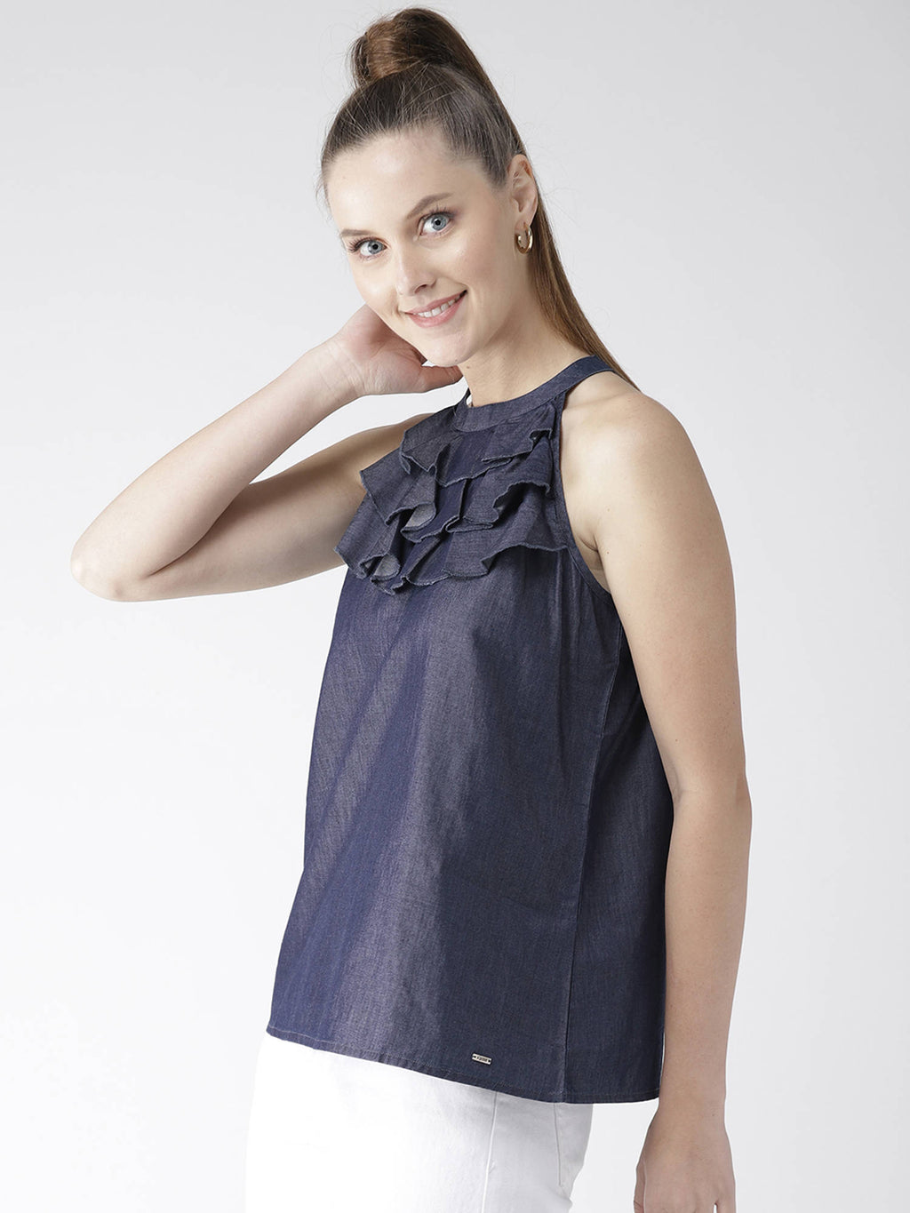 Women Navy Blue Solid Denim Pure Cotton Top | HT67 - view 3
