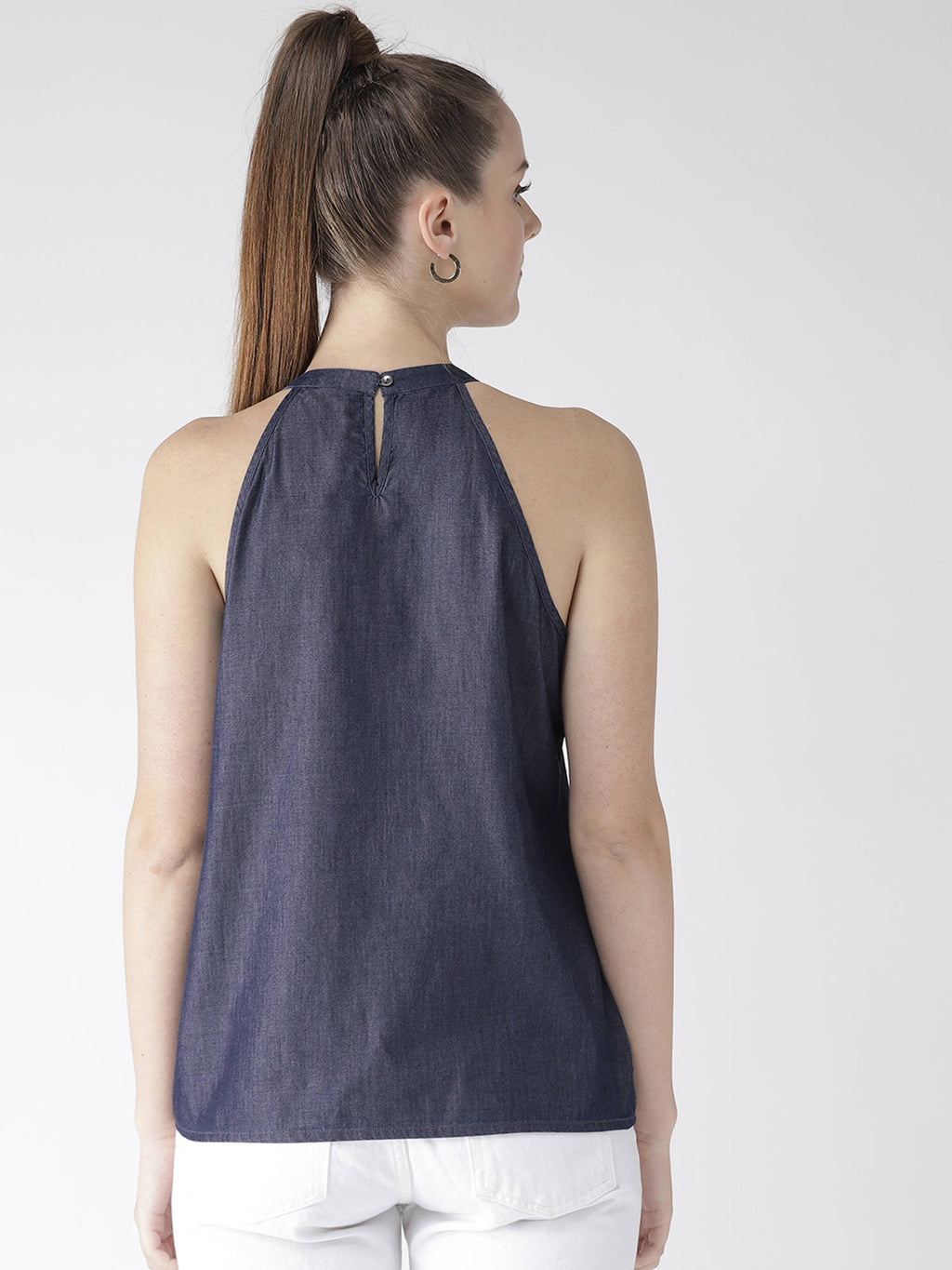 Women Navy Blue Solid Denim Pure Cotton Top | HT67 - view 4
