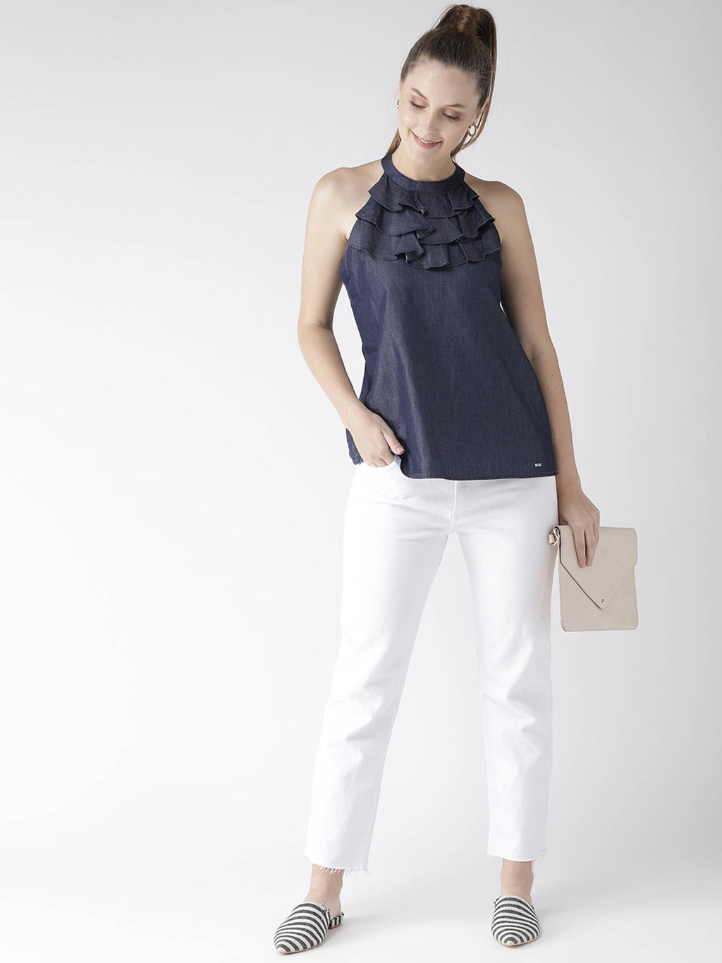 Women Navy Blue Solid Denim Pure Cotton Top | HT67 - view 5