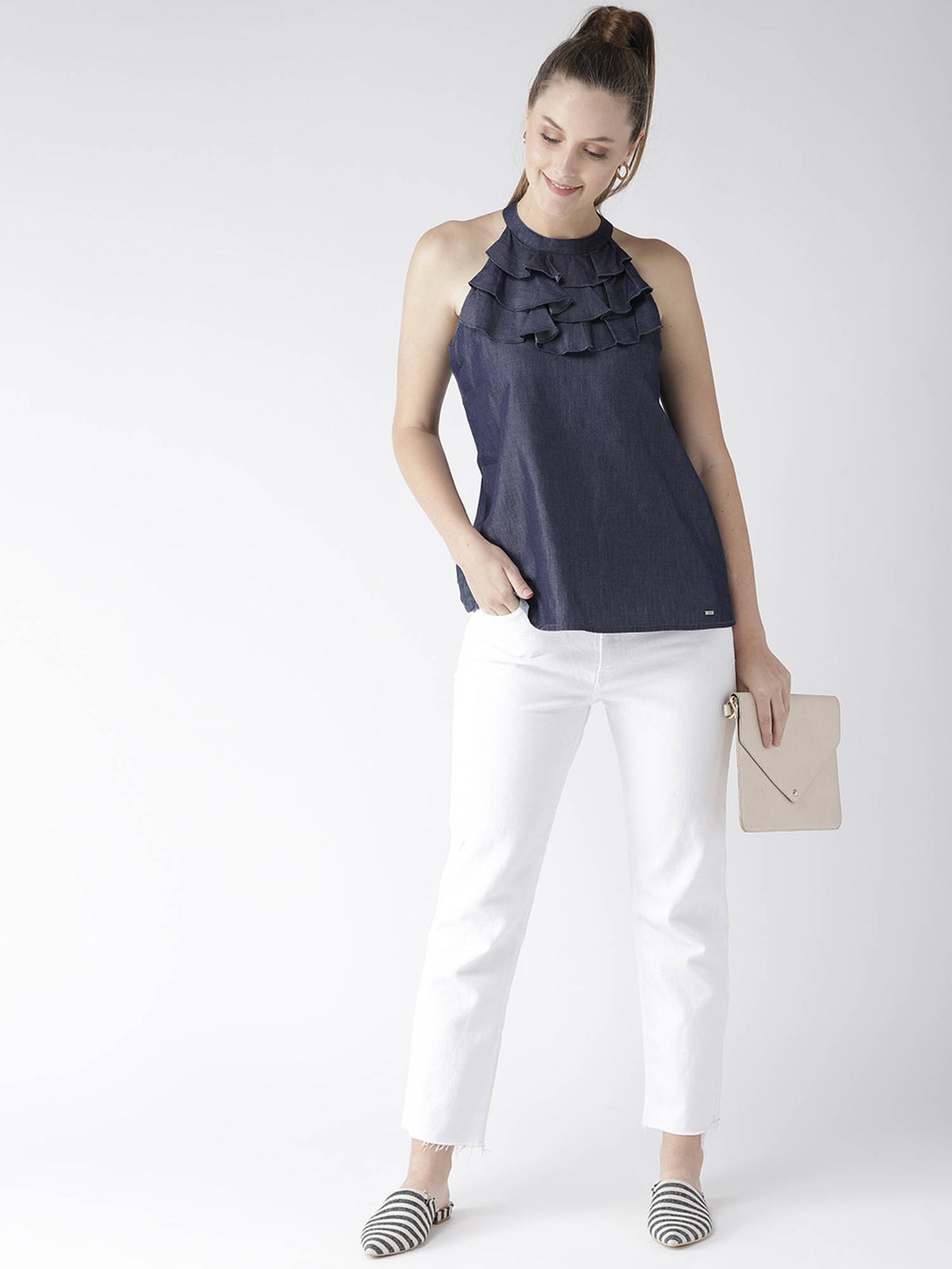 Women Navy Blue Solid Denim Pure Cotton Top | HT67 - view 5
