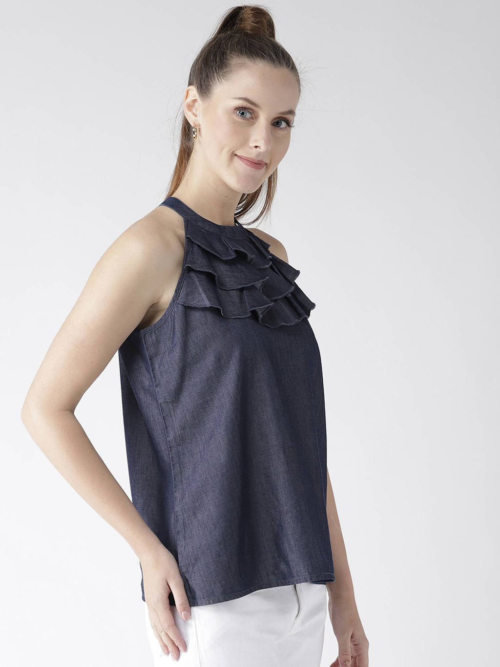 Women Navy Blue Solid Denim Pure Cotton Top | HT67 - view 6