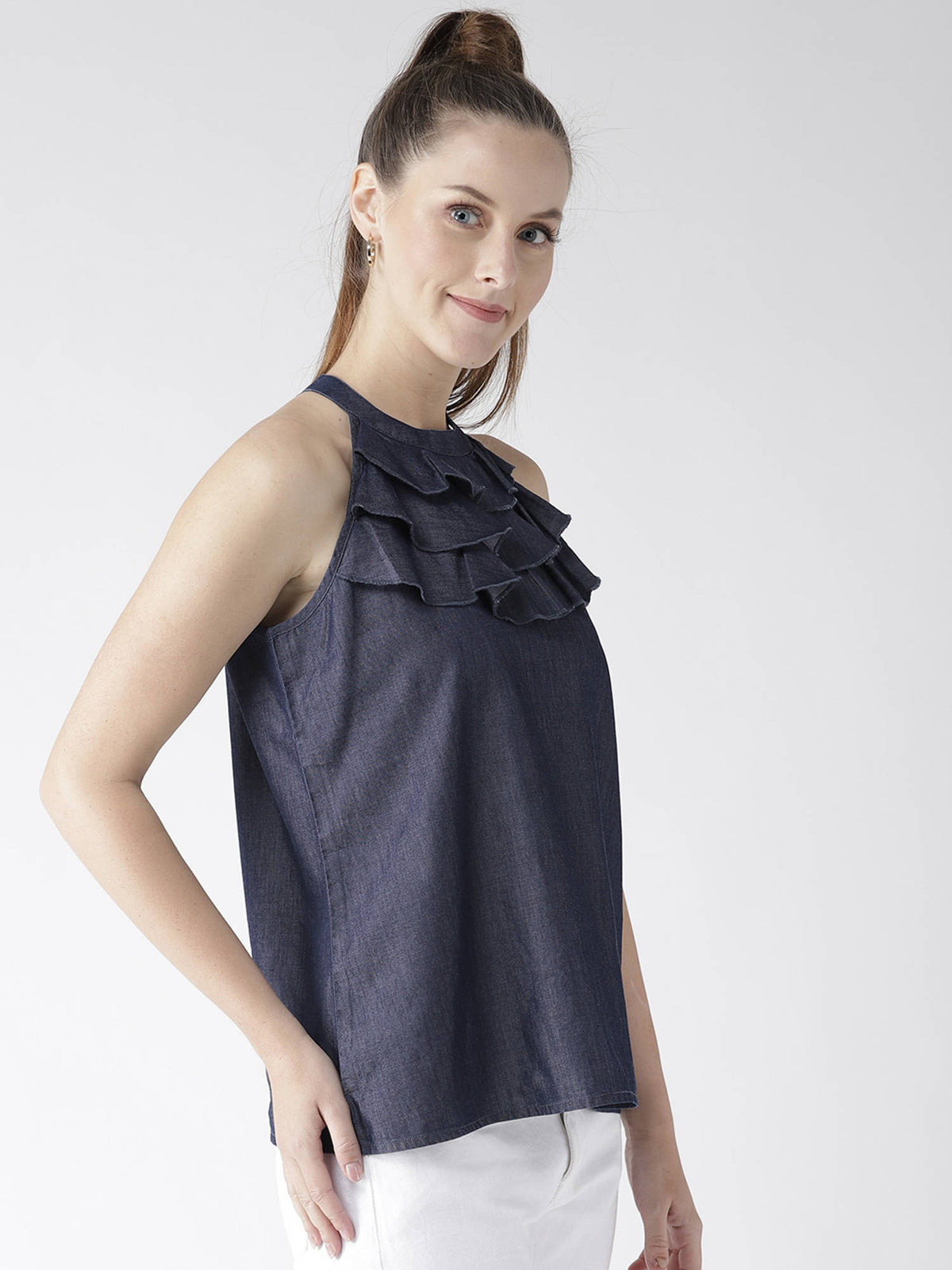 Women Navy Blue Solid Denim Pure Cotton Top | HT67 - view 6