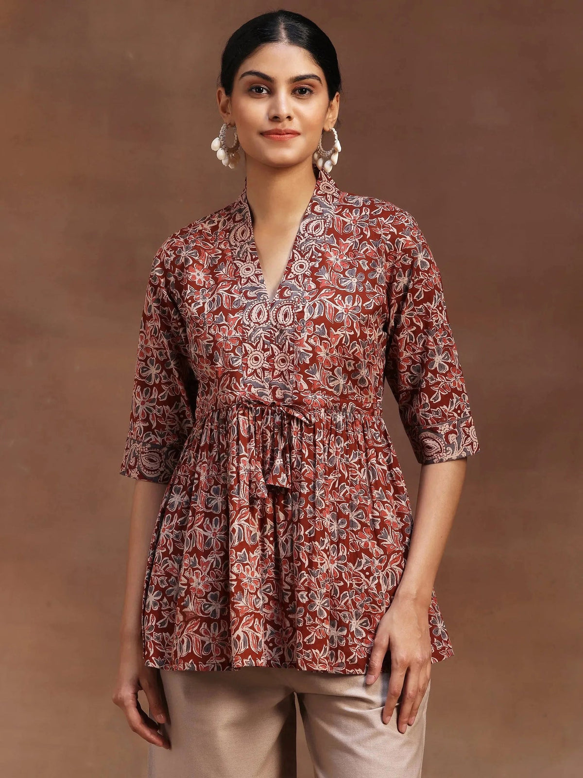 Libas Rust Printed Cotton A-Line Kurti P23