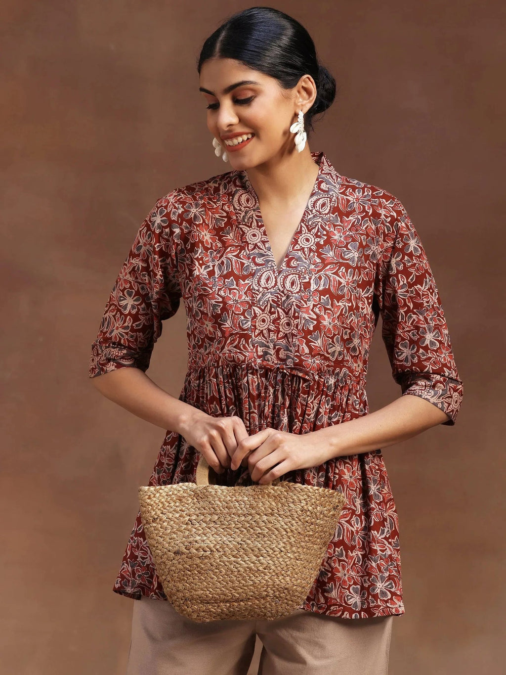 Libas Rust Printed Cotton A-Line Kurti P23